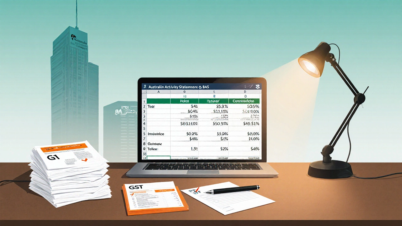 Business owner filing a BAS with invoices and a checklist on a desk.