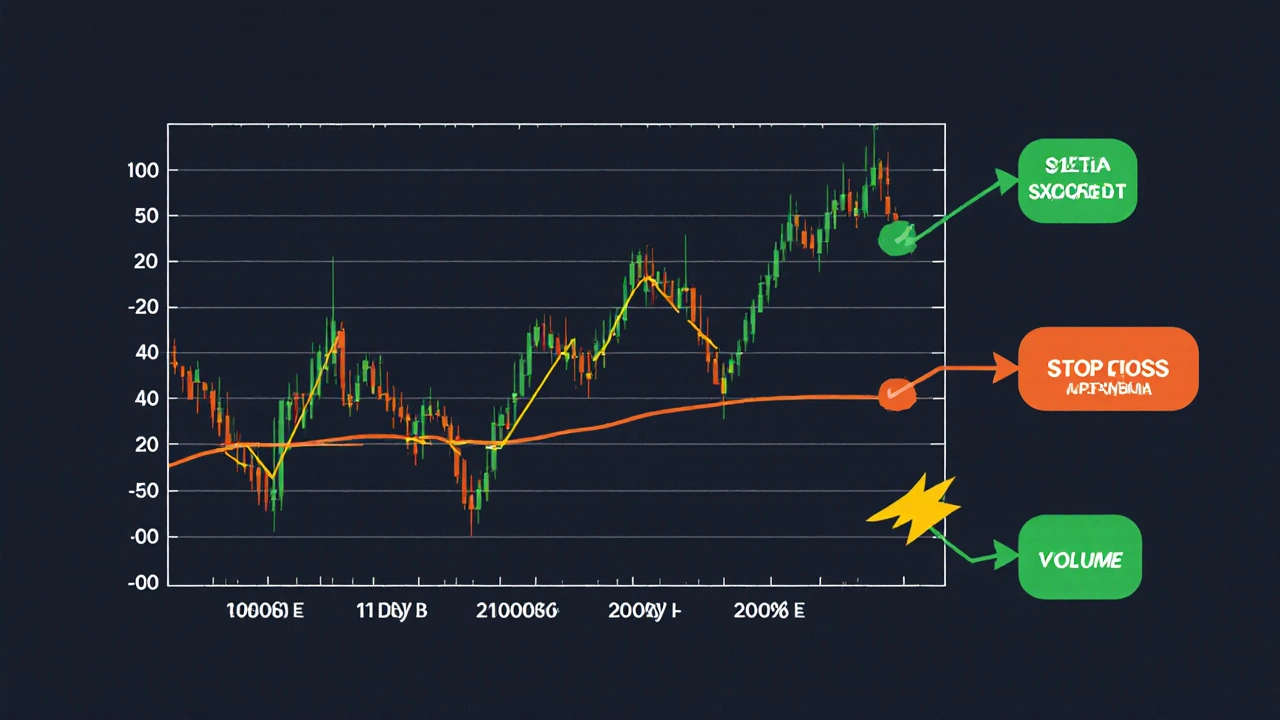 Close‑up chart showing golden cross, support line, stop‑loss marker and volume spike.