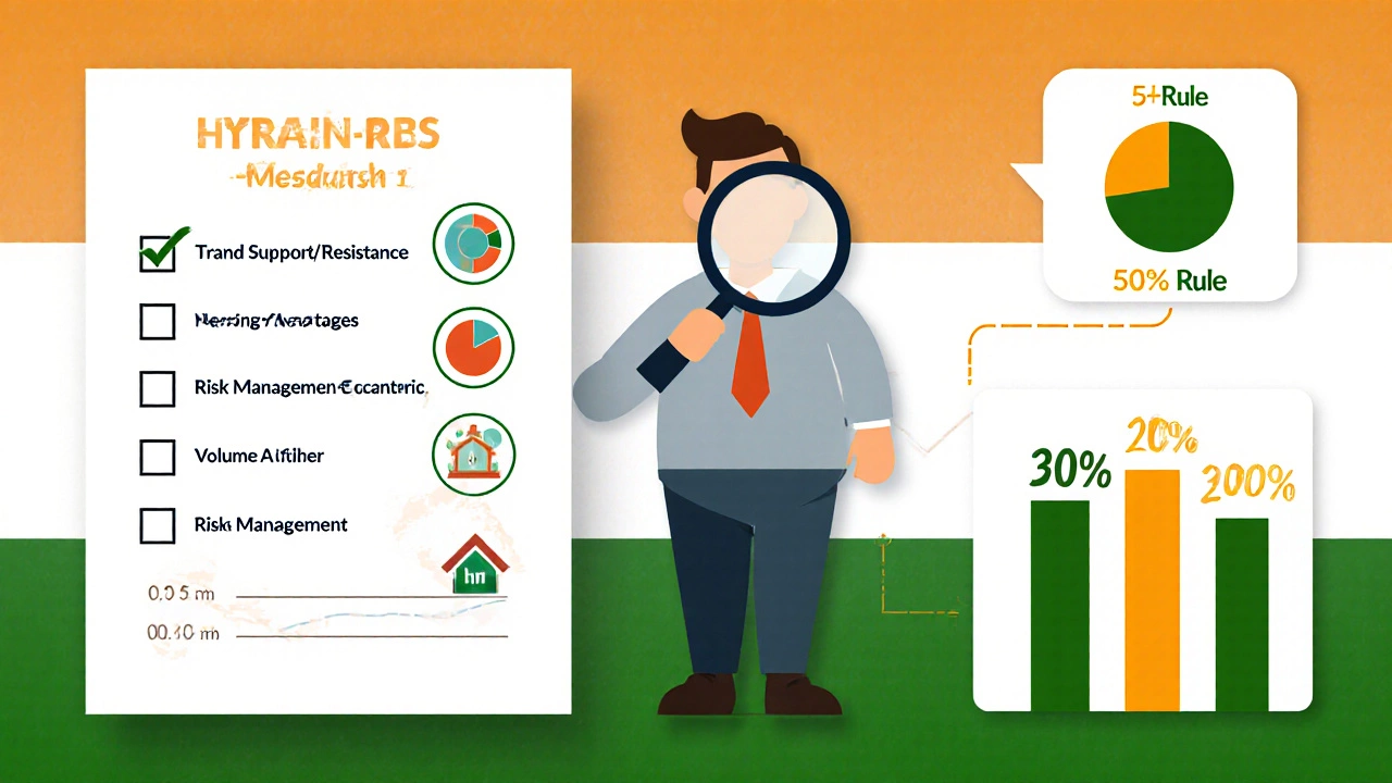 Collage of 5‑Rule checklist icons beside other financial rule symbols with a trader examining them.