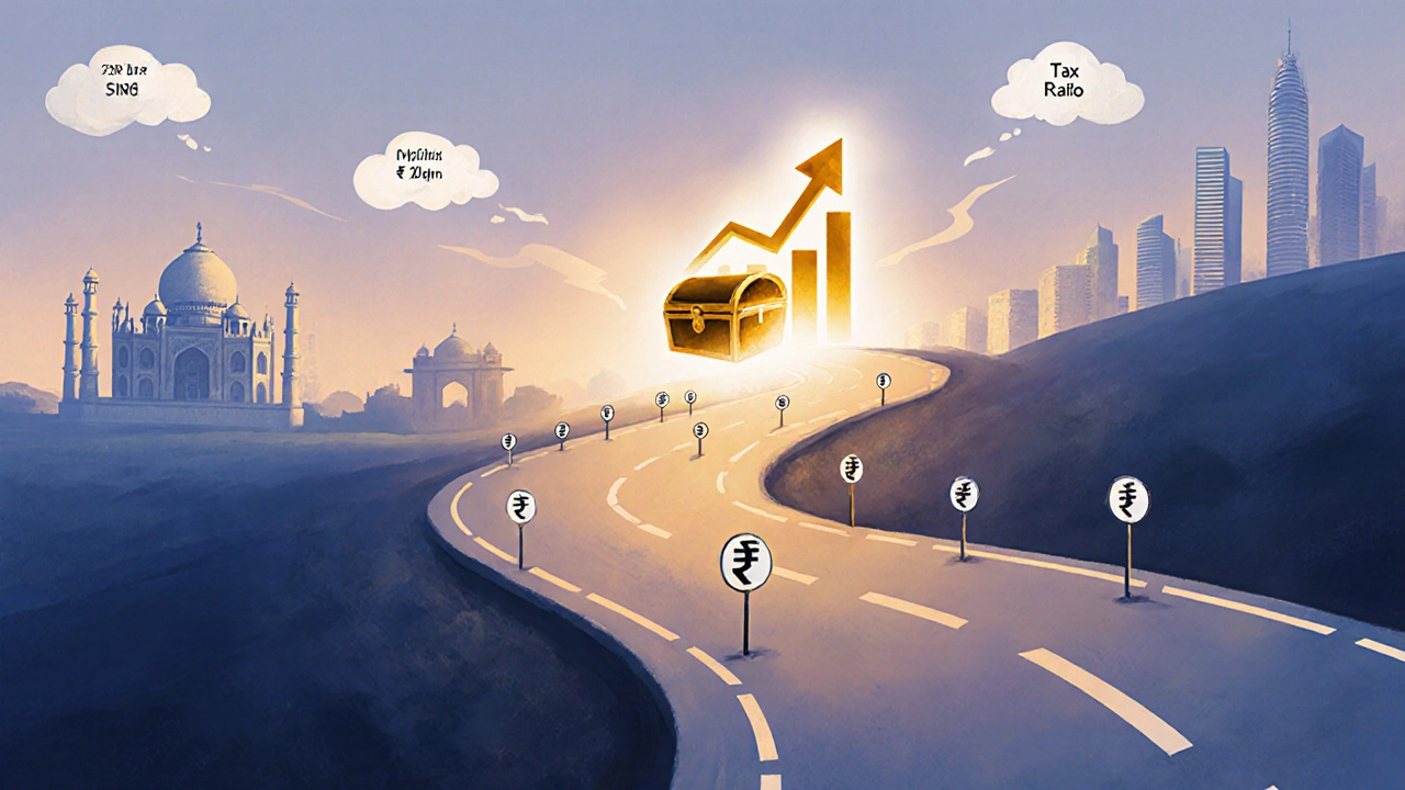 Conceptual road scene showing five-year SIP journey ending at a glowing treasure chest.