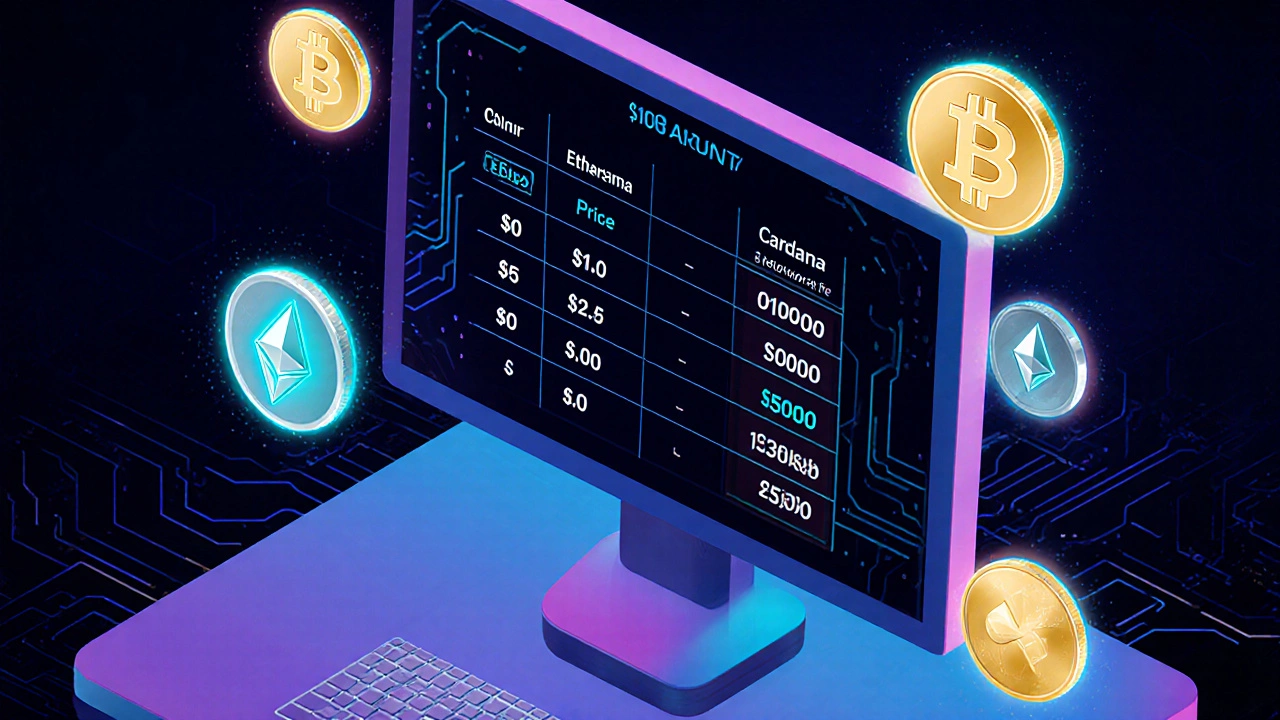 Digital illustration of a computer screen displaying a table of cryptocurrency amounts for .
