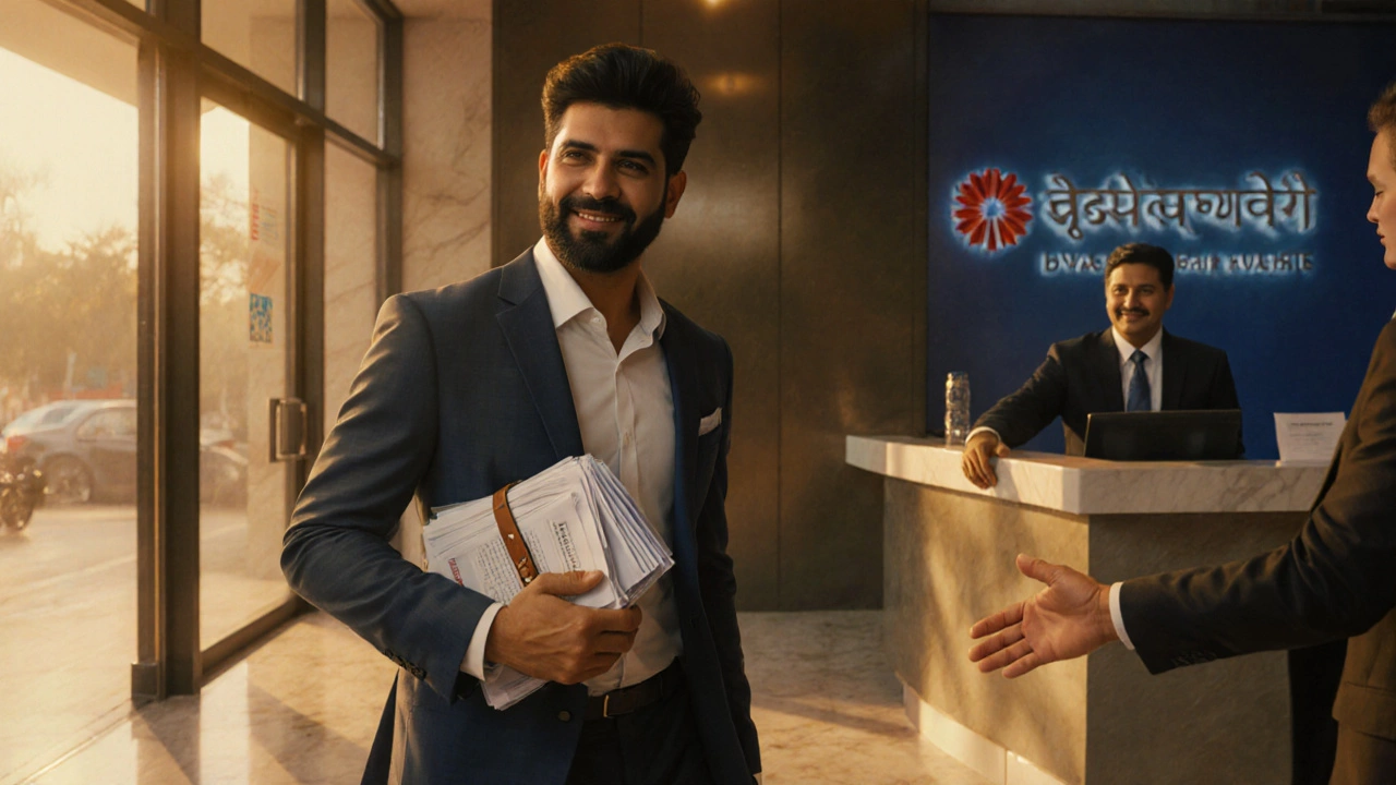 Entrepreneur entering a bank with documents, greeted by a smiling officer.