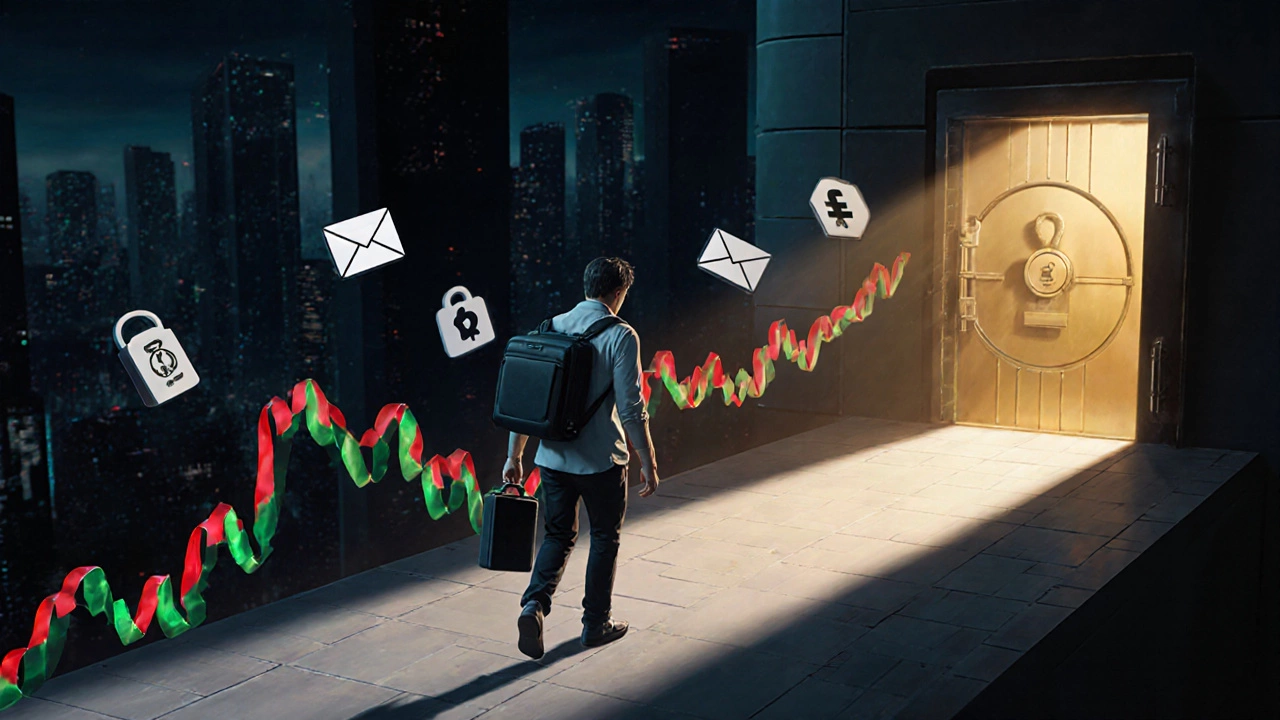 Figure walks from a chaotic cyber‑city toward a bright vault, carrying a hardware wallet.