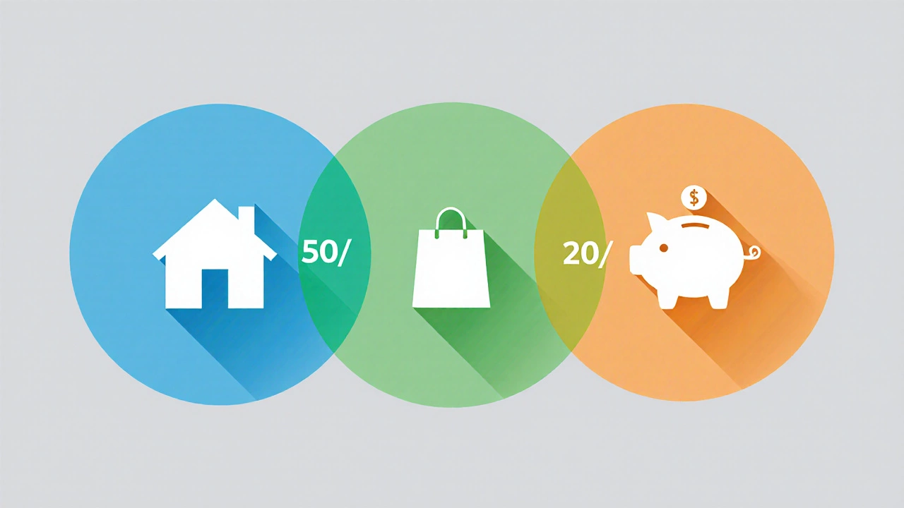 Flat illustration of three overlapping circles showing 50/30/20 budget split with icons.