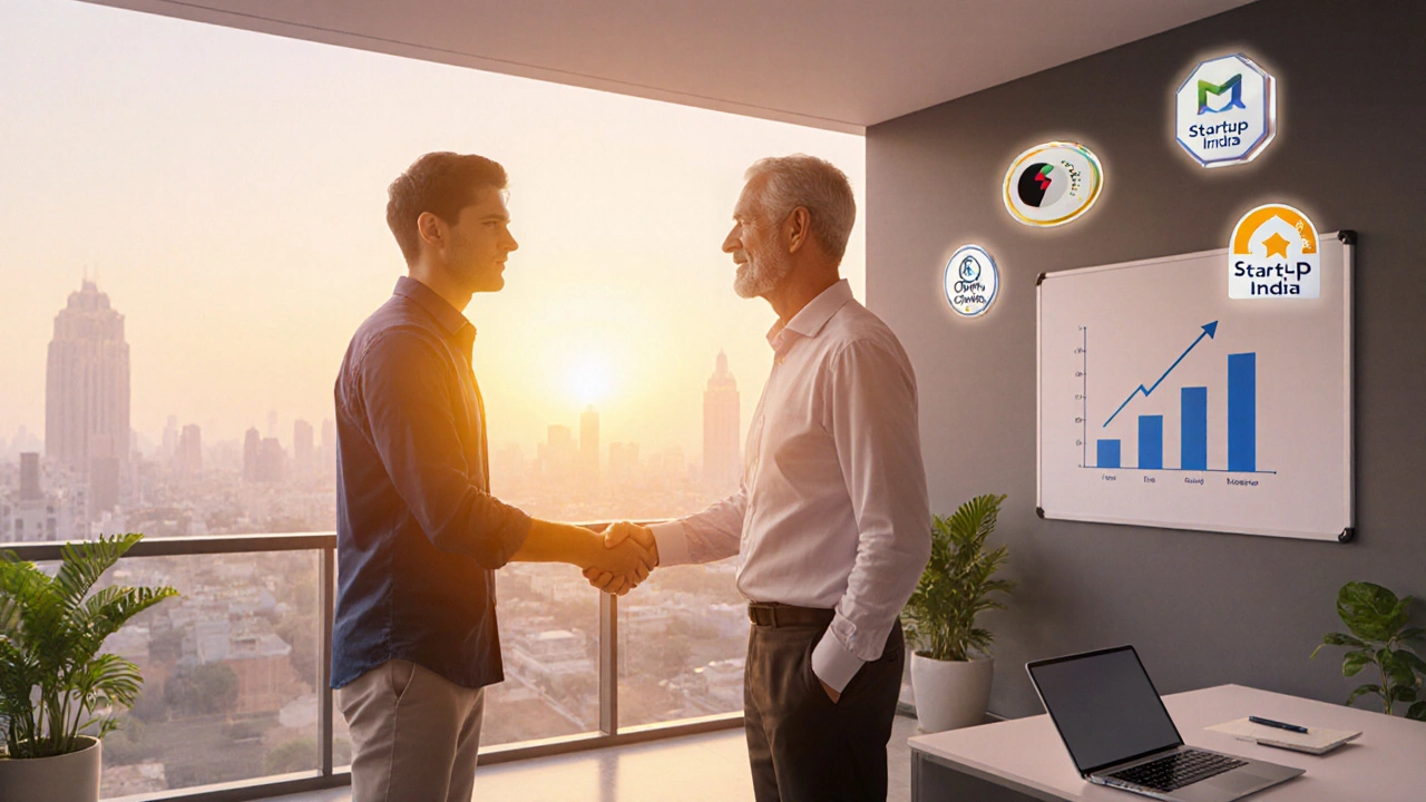 Founder and mentor discuss plans beside a whiteboard, sunrise light conveys hope for startup survival.