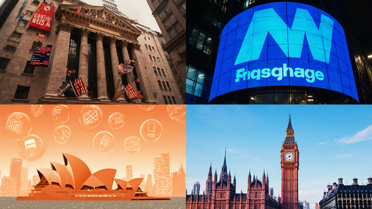 Four quadrants depict iconic scenes for NYSE, NASDAQ, ASX, and LSE markets.