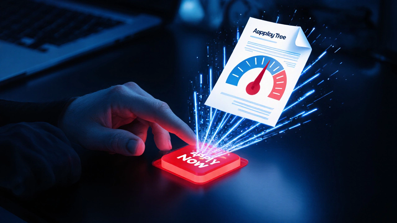 Hand clicking a red Apply button, causing a red arrow to drop a credit score gauge, representing a hard pull.