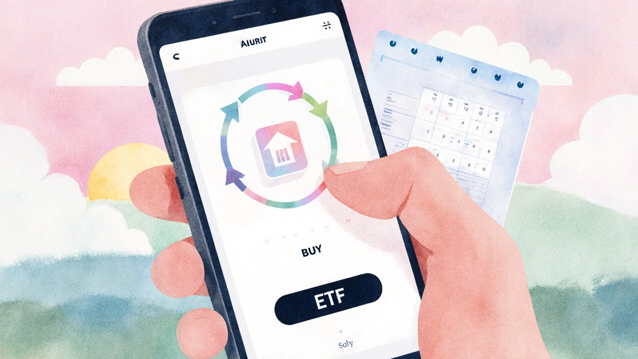 Hand using a phone to purchase an ETF with a calendar indicating automatic weekly investments.