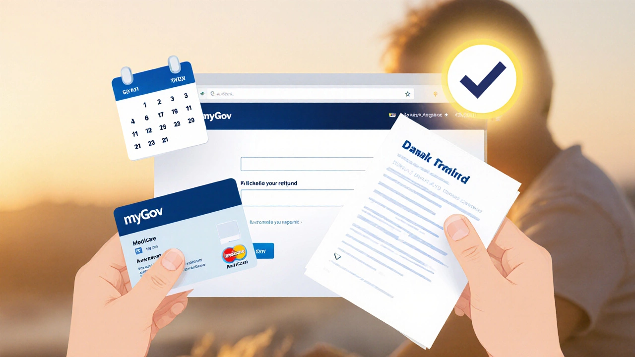 Hands holding child documents beside myGov login, calendar, and bank icons.