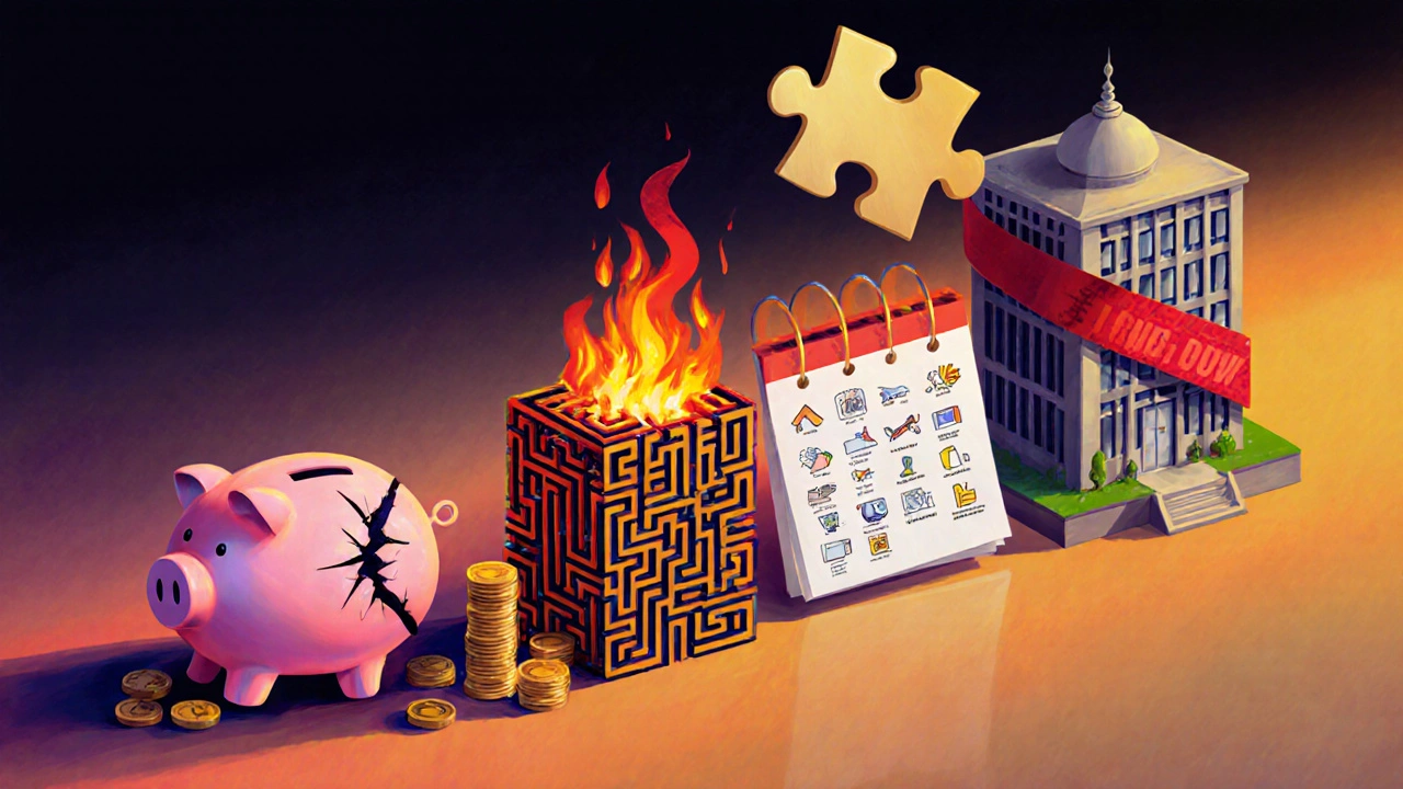 Illustrated five symbolic obstacles—funding gap, market fit, finances, regulations, talent—representing Indian startup challenges.