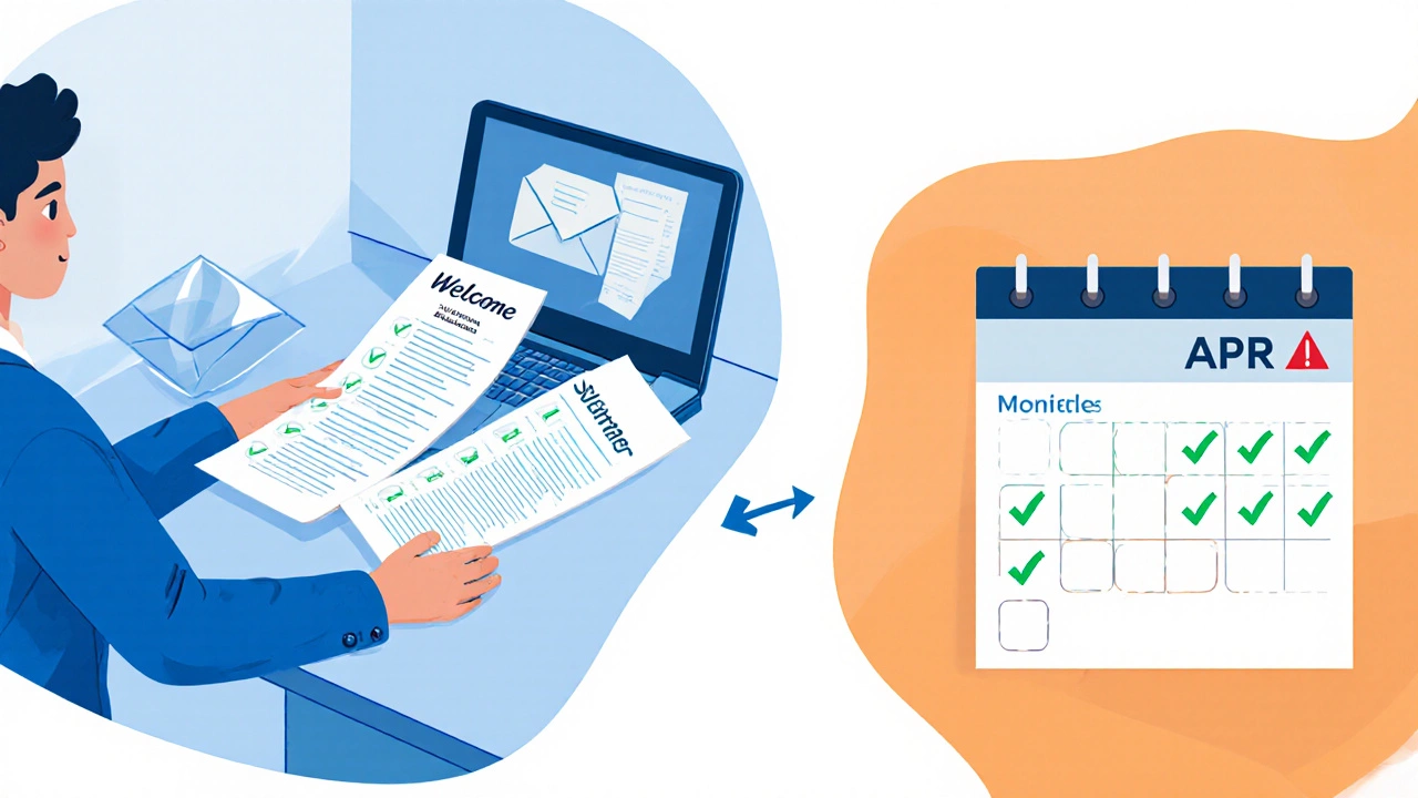 Illustration of a person opening a welcome packet and tracking six billing cycles.
