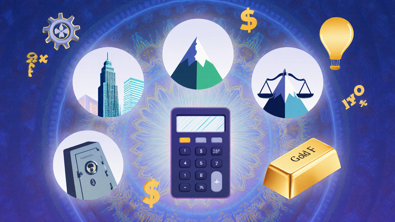 Illustration of mutual fund types as icons around a calculator, with expense and tax symbols.