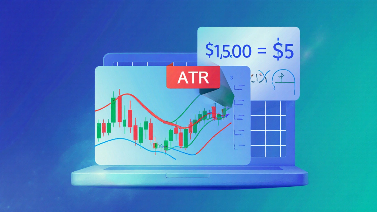 Illustration showing stock chart with stop‑loss line, ATR ribbon, and share-count calculation.