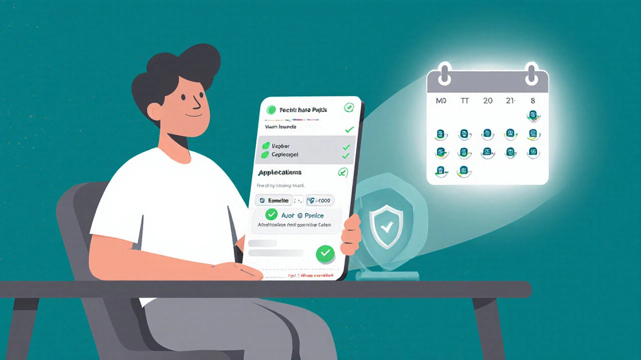 Individual checking credit on phone, calendar showing spaced applications, and a shield symbol for protection.