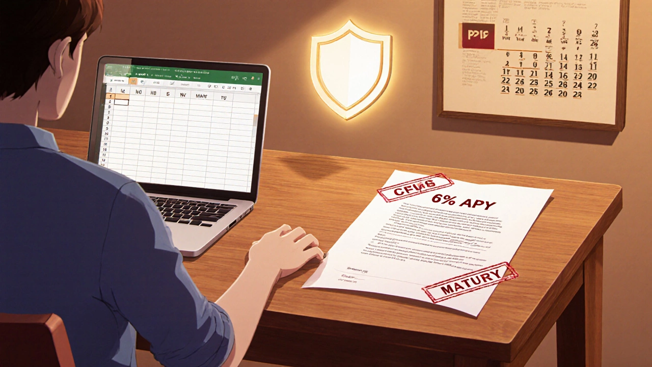 Individual reviewing a 6% CD certificate beside a calendar and insurance shield.