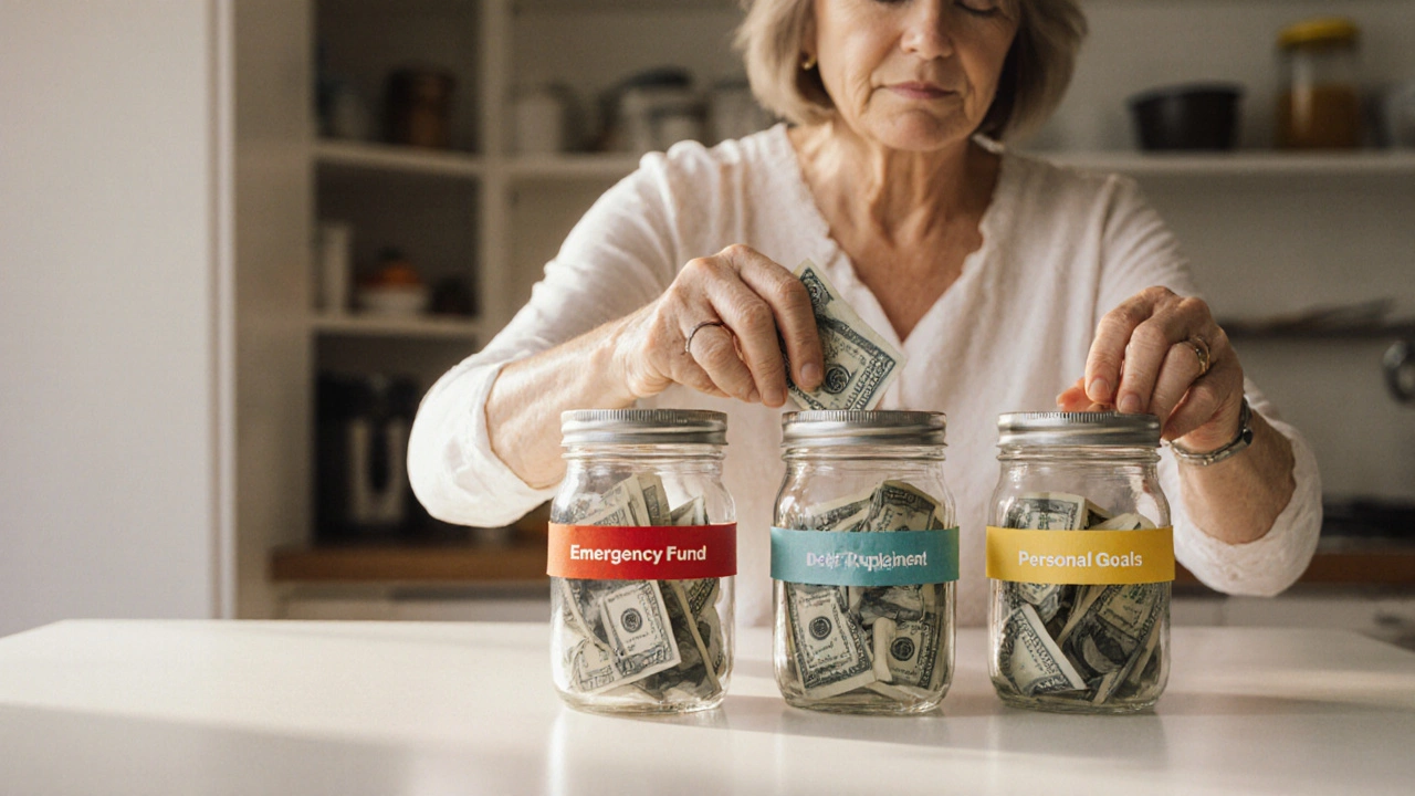 Individual sorting cash into four labeled jars for savings, debt, emergency, and goals.