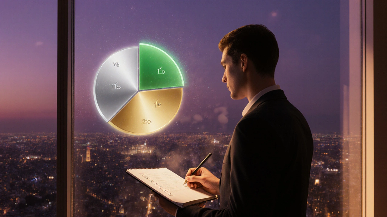 Investor at a dusk window reviewing a checklist, with a faint holographic pie chart of 70/30/10 in the background.