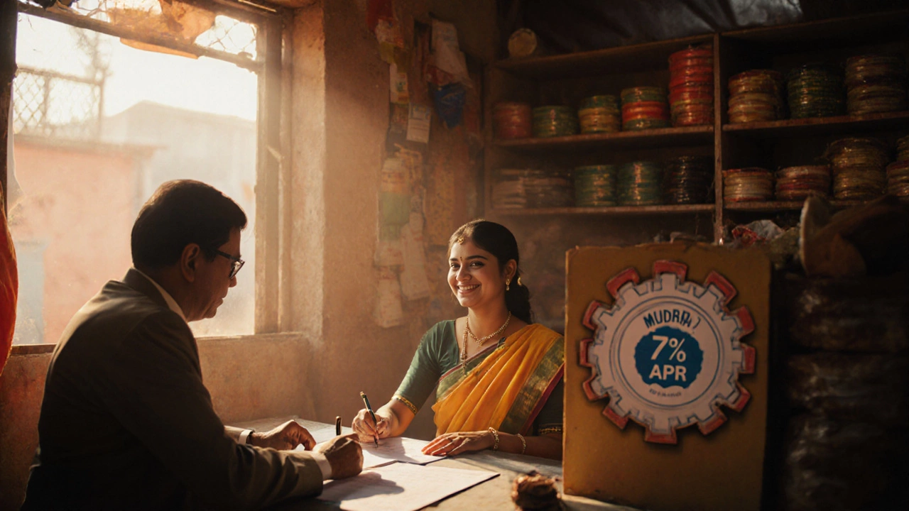 Micro‑entrepreneur signing a loan document with a government officer in a shop.