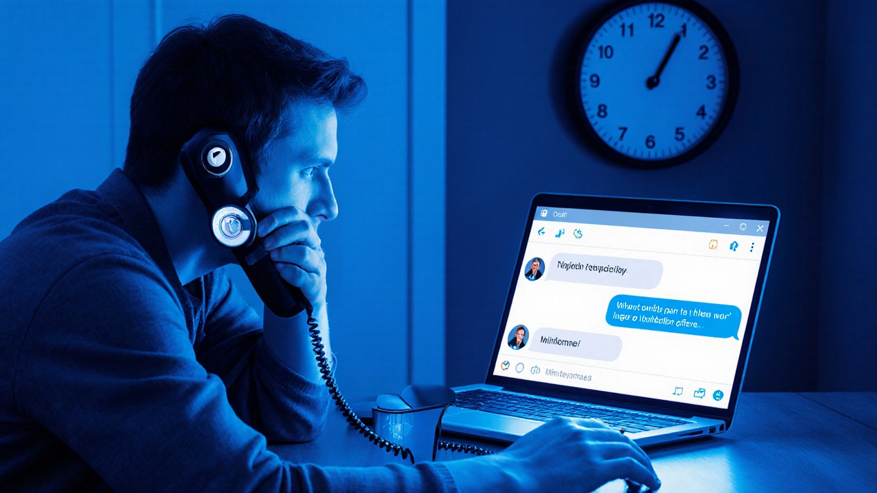 Person waiting on phone hold while chatbot runs on laptop.