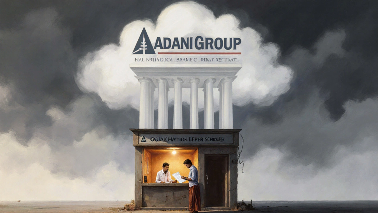 Small shop owner at bank counter under looming corporate shadow symbolizing higher loan rates.