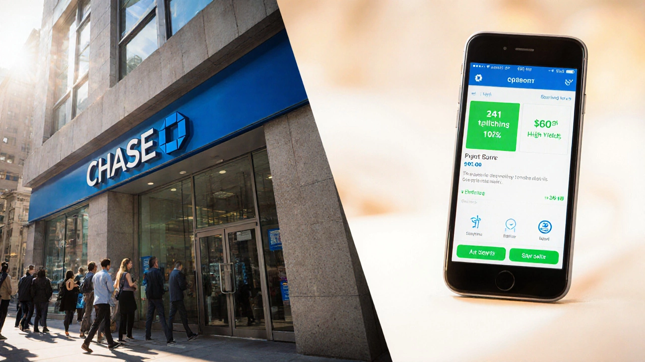 Split view of a Chase branch opposite a modern mobile banking app.