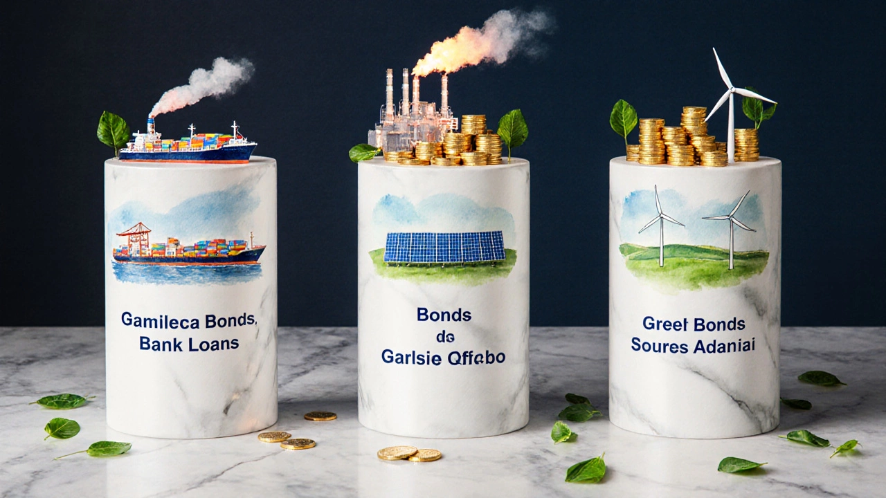 Stacks of coins and green leaves on pillars representing Adani's major subsidiaries and their debt.