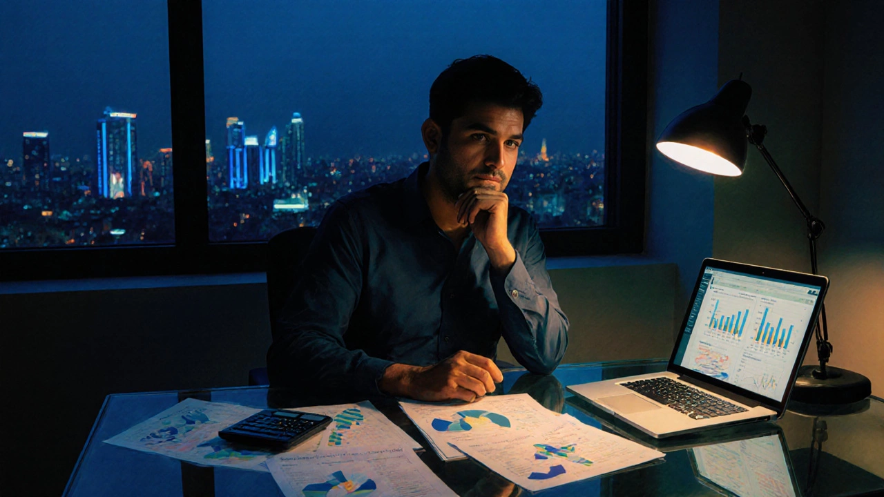 Startup founder reviewing loan comparison sheets in an office overlooking Mumbai at night.