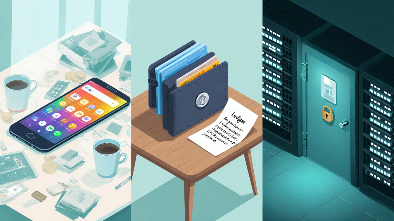 Three panels showing hot wallet on phone, hardware wallet with seed phrase, and exchange server room.