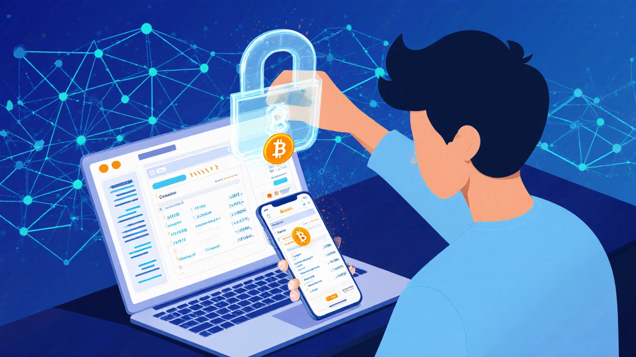 User transferring a tiny Bitcoin to a mobile wallet, surrounded by glowing network lines and a security padlock.