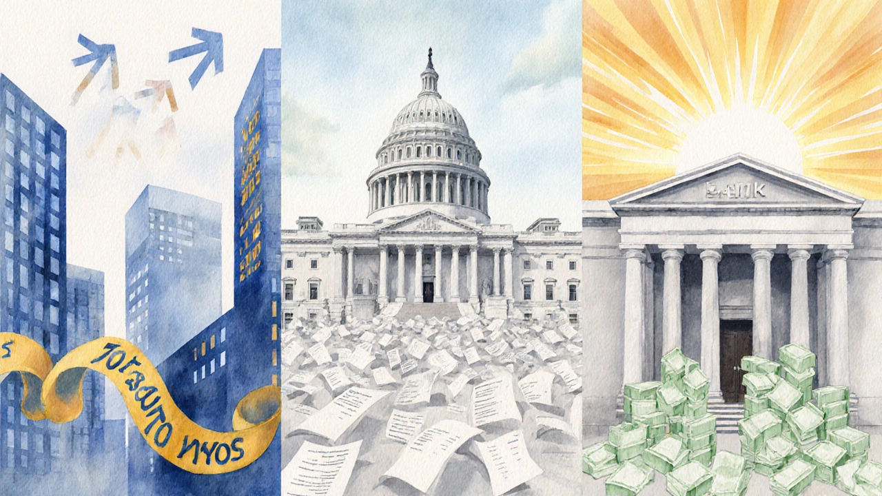 Watercolor scene of stock market, bond market, and high‑interest savings, representing the three parts of the 70/30/10 rule.